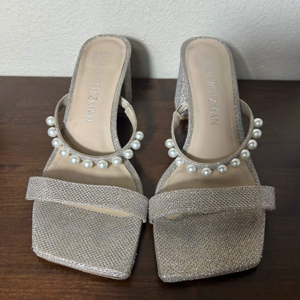 Stuart Weitzman Sandals Sz 11 Goldie 60 Pearl Glitter Block Slide Champagne Gold - Picture 2 of 11